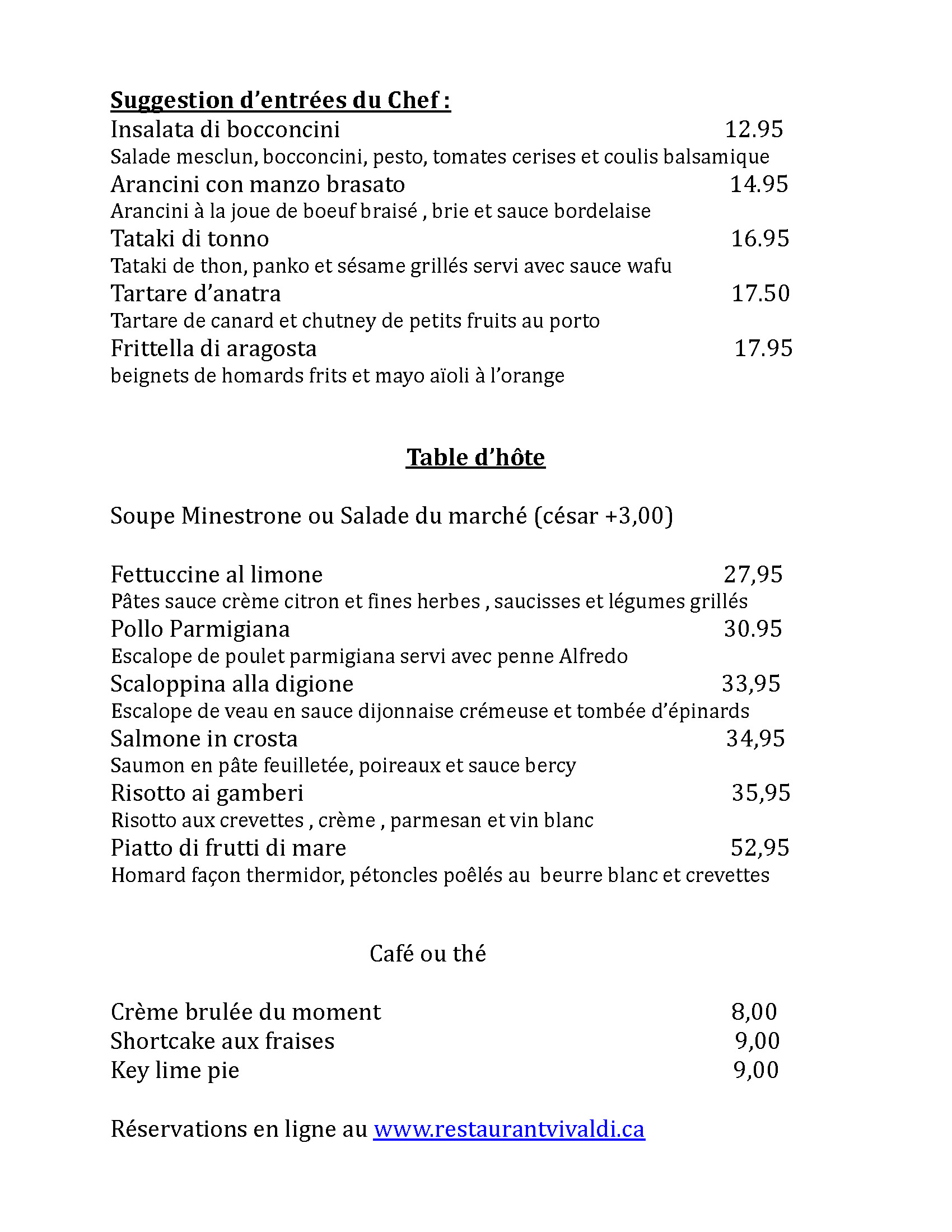 Menu Table d'hôte